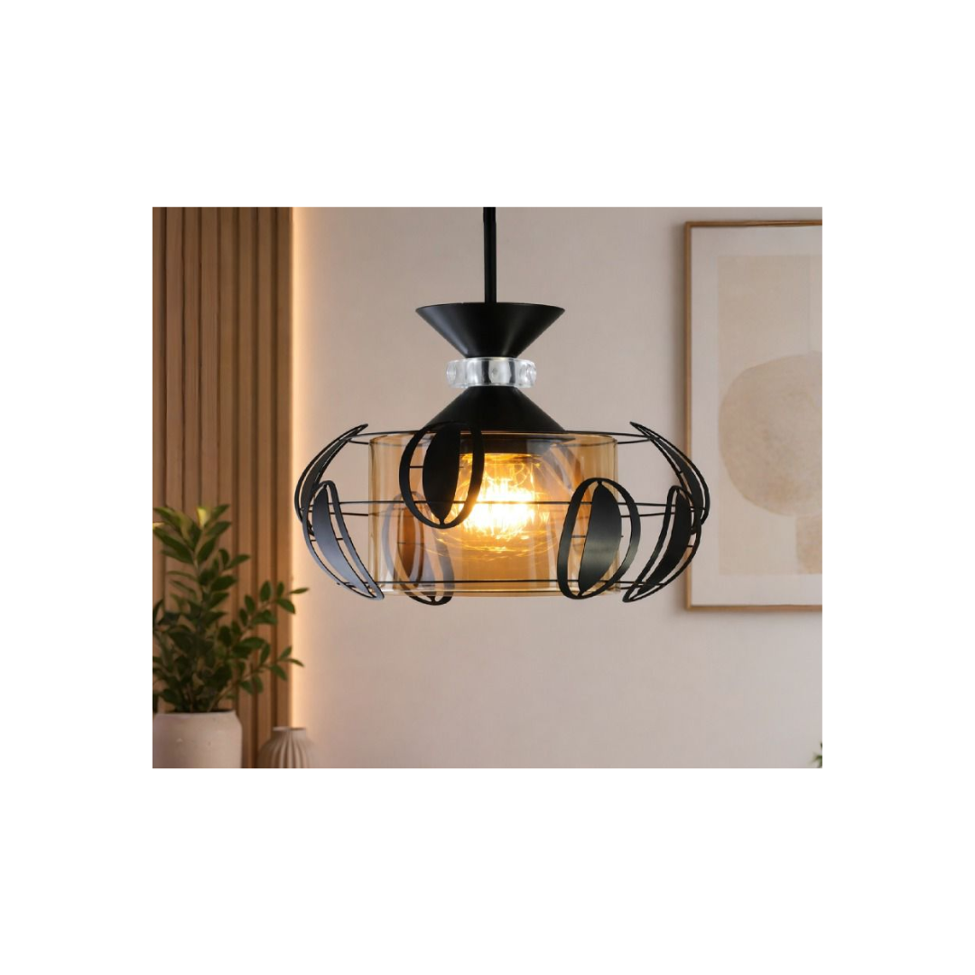 LÁMPARA LED COLGANTE CON VIDRIO ÁMBAR Y REJILLA DE HOJAS - 1