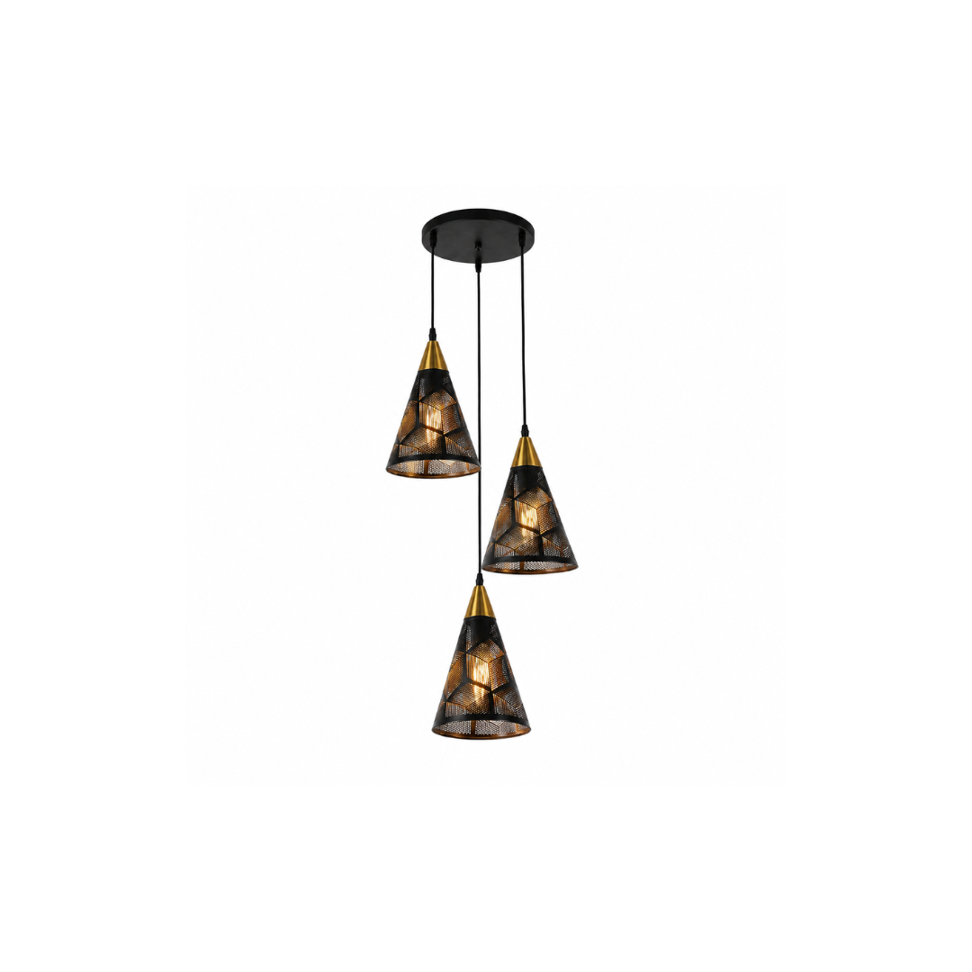 LÁMPARA TRIPLE COLGANTE DE TECHO CON PANTALLA CALADA CÓNICA - 1