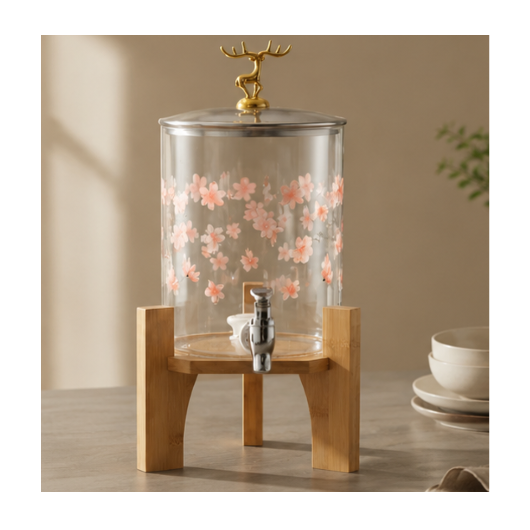 DISPENSADOR DE BEBIDAS DE VIDRIO CON BASE DE MADERA Y DISEÑO FLORAL - 1