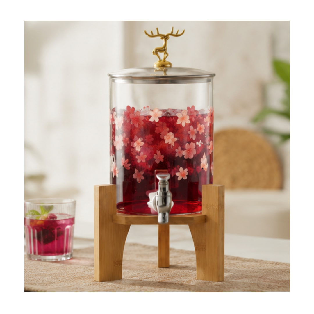 DISPENSADOR DE BEBIDAS DE VIDRIO CON BASE DE MADERA Y DISEÑO FLORAL - 2