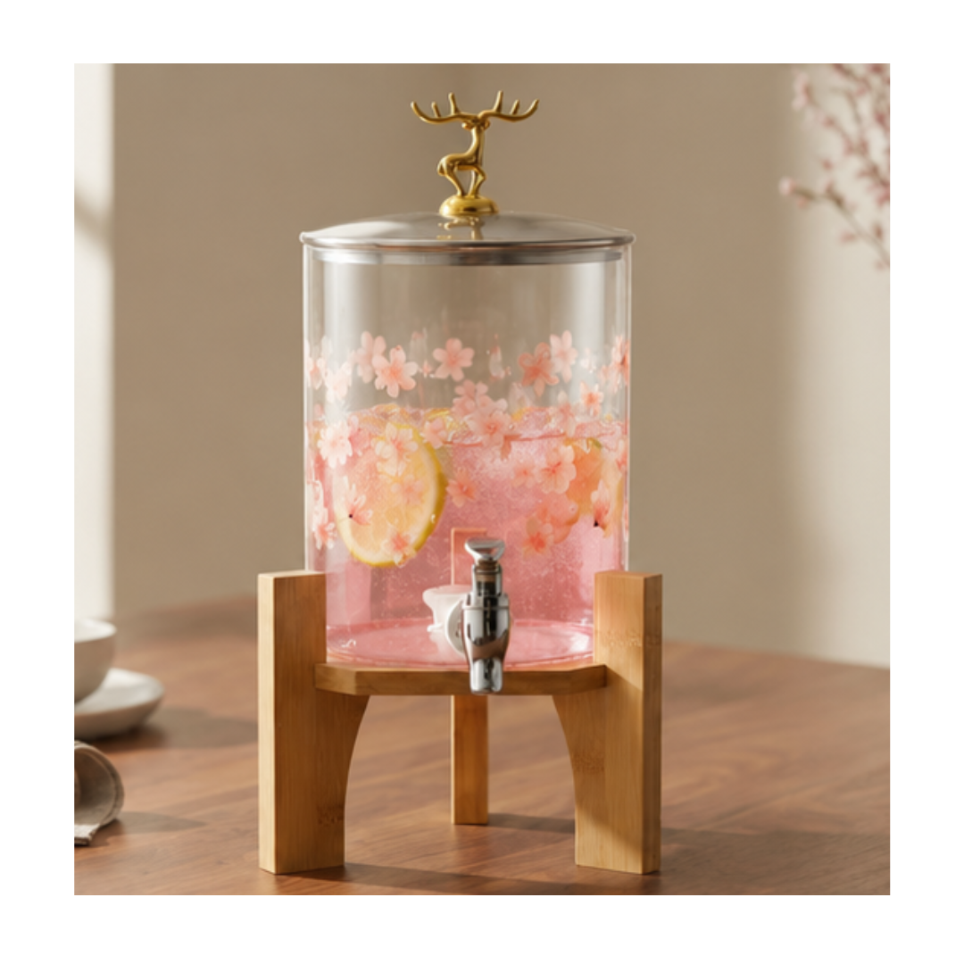 DISPENSADOR DE BEBIDAS DE VIDRIO CON BASE DE MADERA Y DISEÑO FLORAL - 3