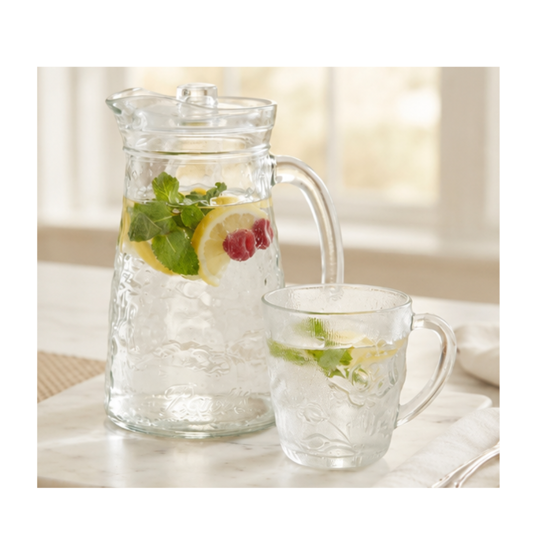 SET DE JARRA DE VIDRIO CON 4 TAZAS DECORADAS - 1