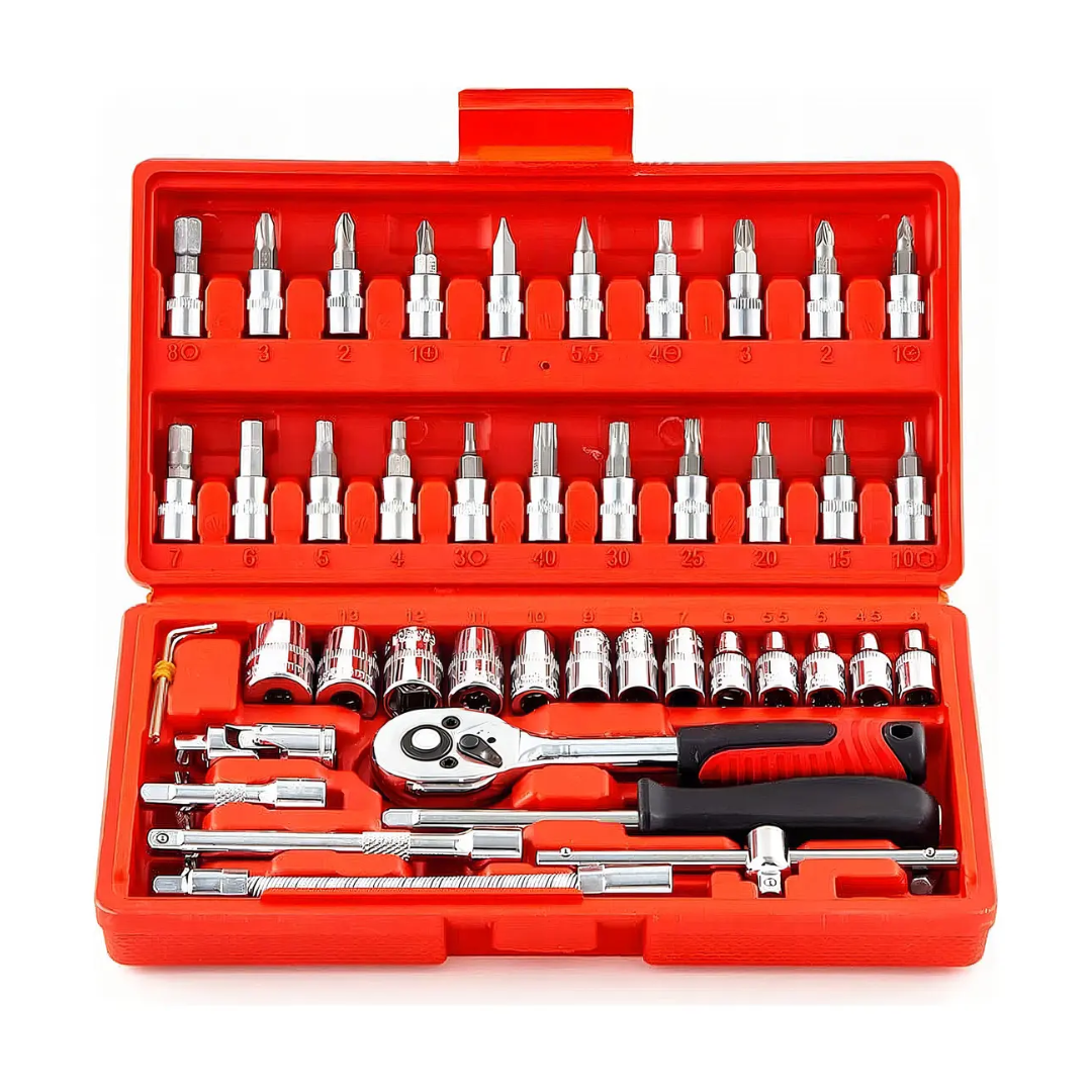 CAJA DE HERRAMIENTAS CON DADOS Y LLAVE DE TRINQUETE DE 46 PIEZAS - 1