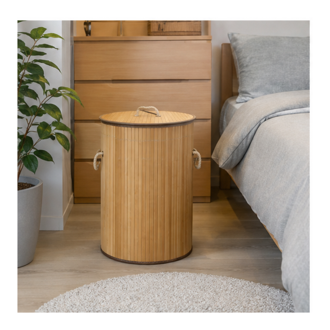 CESTO ORGANIZADOR DE ROPA MULTIUSOS DE BAMBÚ CON TAPA Y ASAS - 2