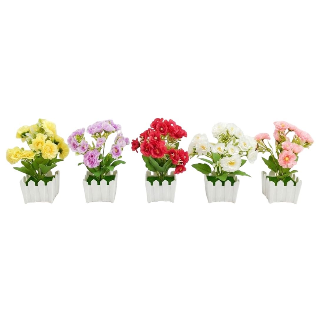 FLORES ARTIFICIALES EN MACETA DECORATIVA CON DISEÑO DE CERCO - 1