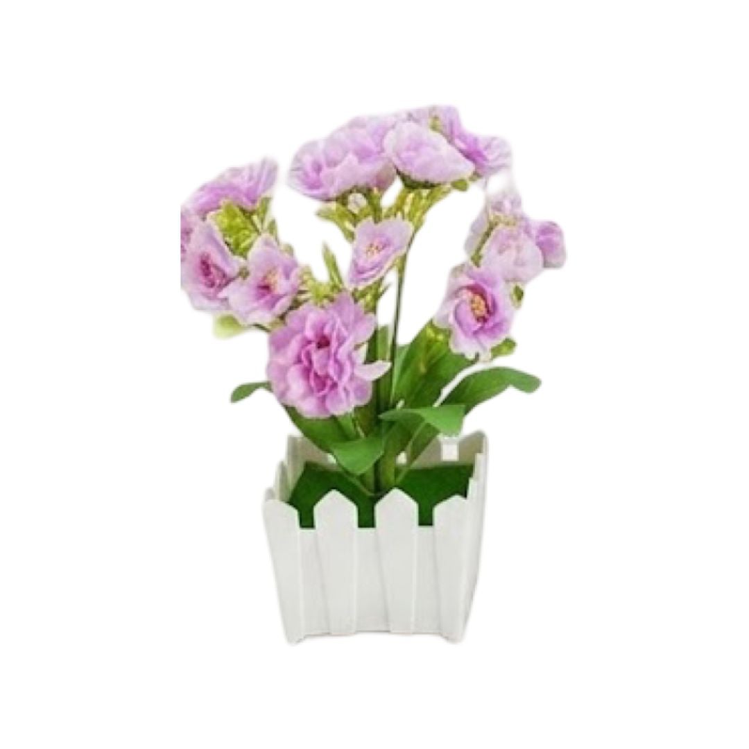 FLORES ARTIFICIALES EN MACETA DECORATIVA CON DISEÑO DE CERCO - 2