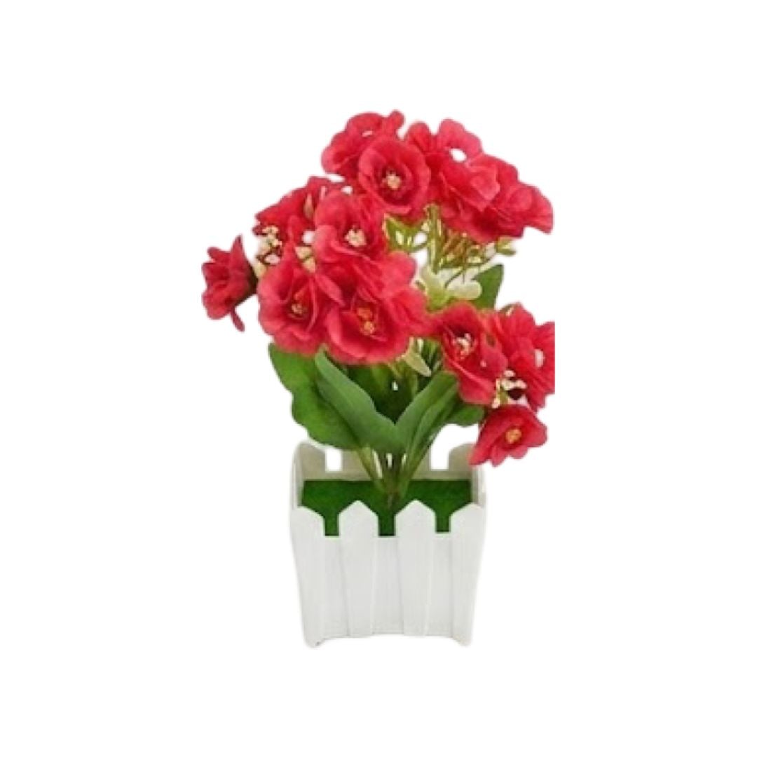FLORES ARTIFICIALES EN MACETA DECORATIVA CON DISEÑO DE CERCO - 3