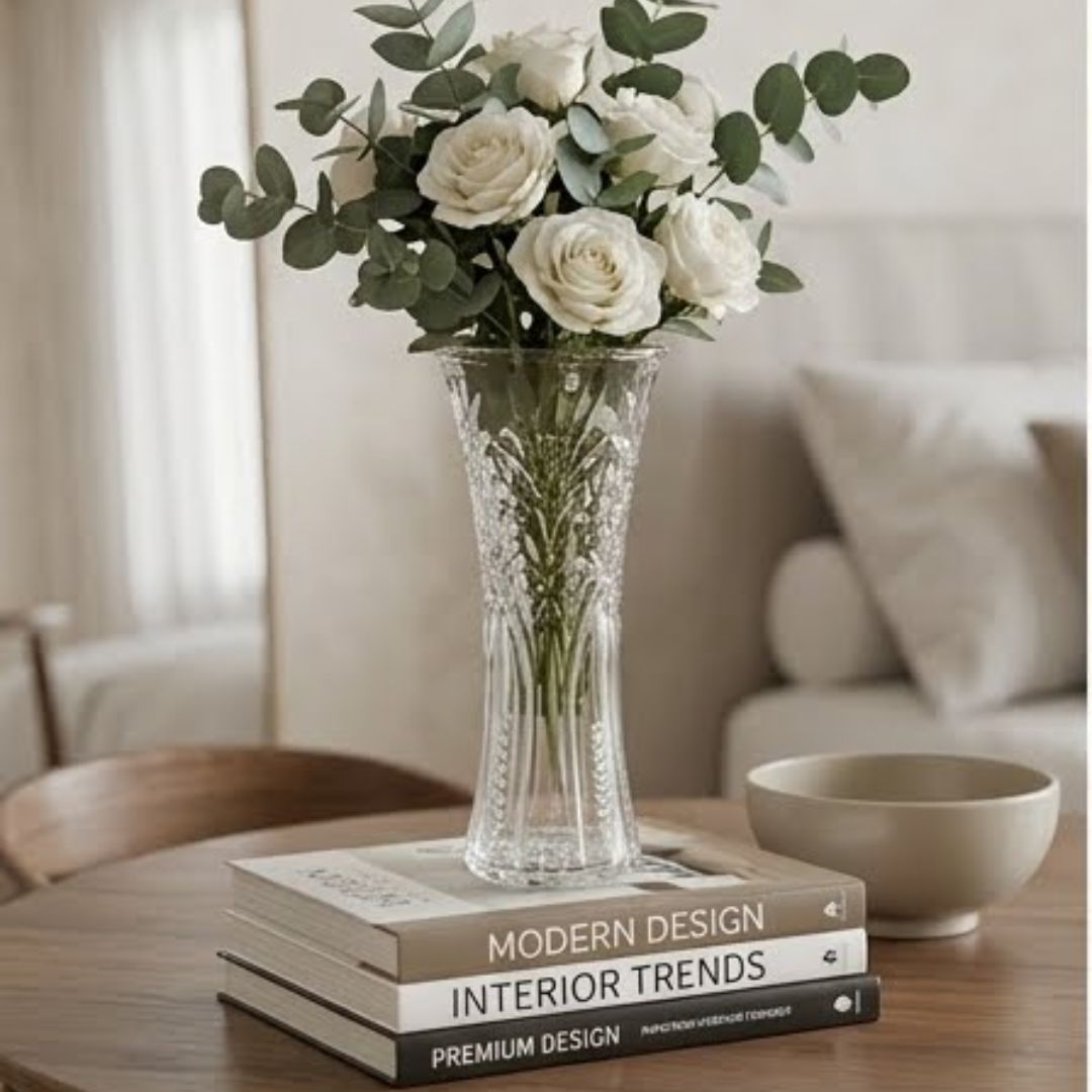 FLORERO TROMBETA DE VIDRIO LABRADO CON DISEÑO FLORAL CLÁSICO - 2