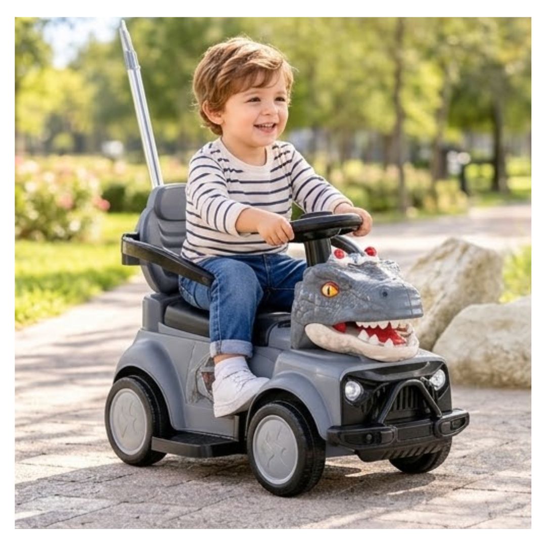 CARRO ELÉCTRICO INFANTIL CON DISEÑO DE DINOSAURIO Y BARRA DE EMPUJE - 2