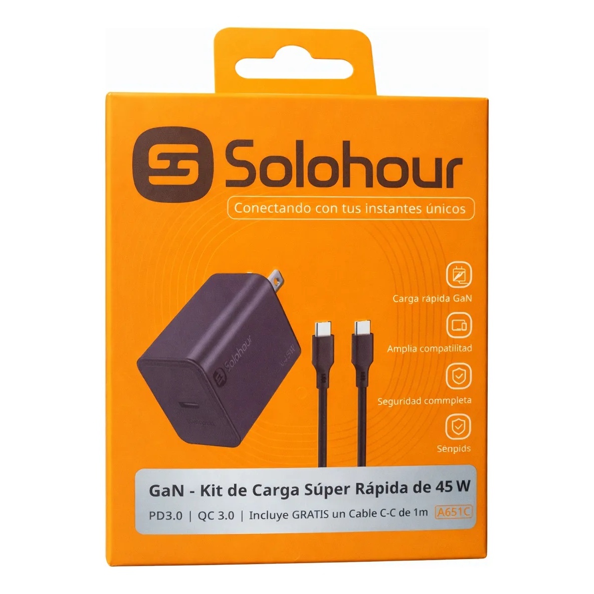 CARGADOR 45W SOLOHOUR USB-C CARGA RAPIDA + CABLE GAN - 1