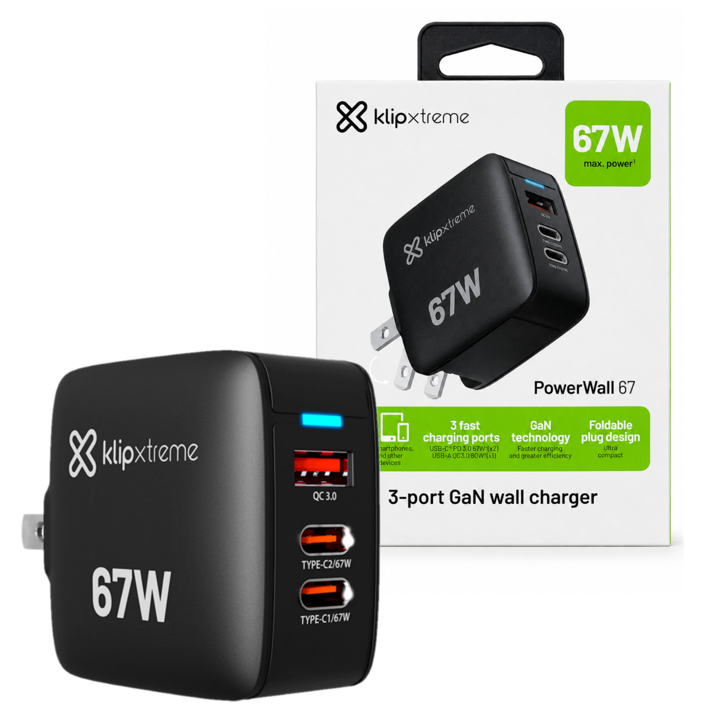 CARGADOR KLIP XTREME 67W 3 PUERTOS USB-C USB-A GAN - 1