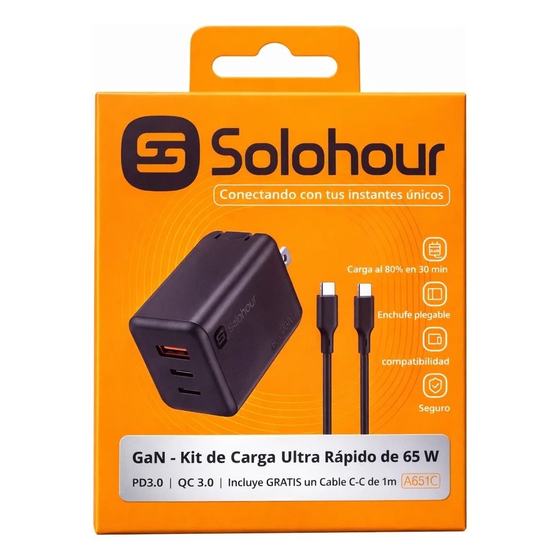 CARGADOR 65W SOLOHOUR USB C 3 PUERTOS CARGA RÁPIDA GAN - 1