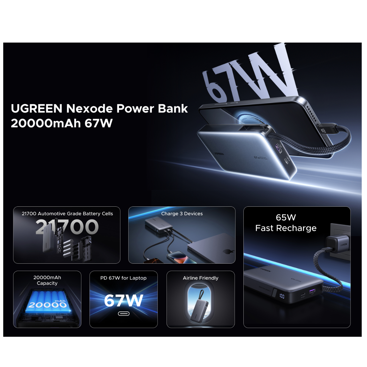 POWER BANK UGREEN 20000MAH 67W CABLE INTEGRADO - 2