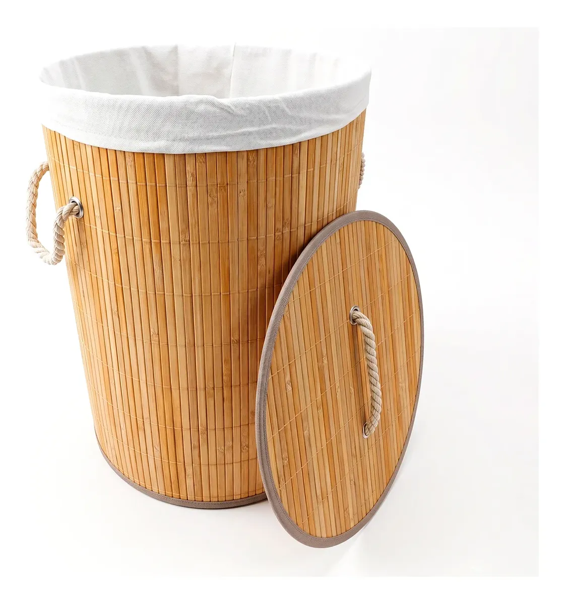 CESTA DE ROPA CIRCULAR DE BAMBU CON TAPA Y BORDES MARRONES - 1