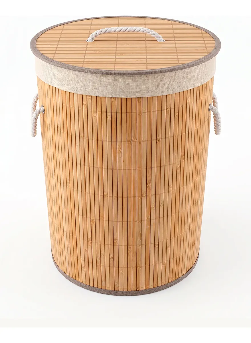 CESTA DE ROPA CIRCULAR DE BAMBU CON TAPA Y BORDES MARRONES - 2