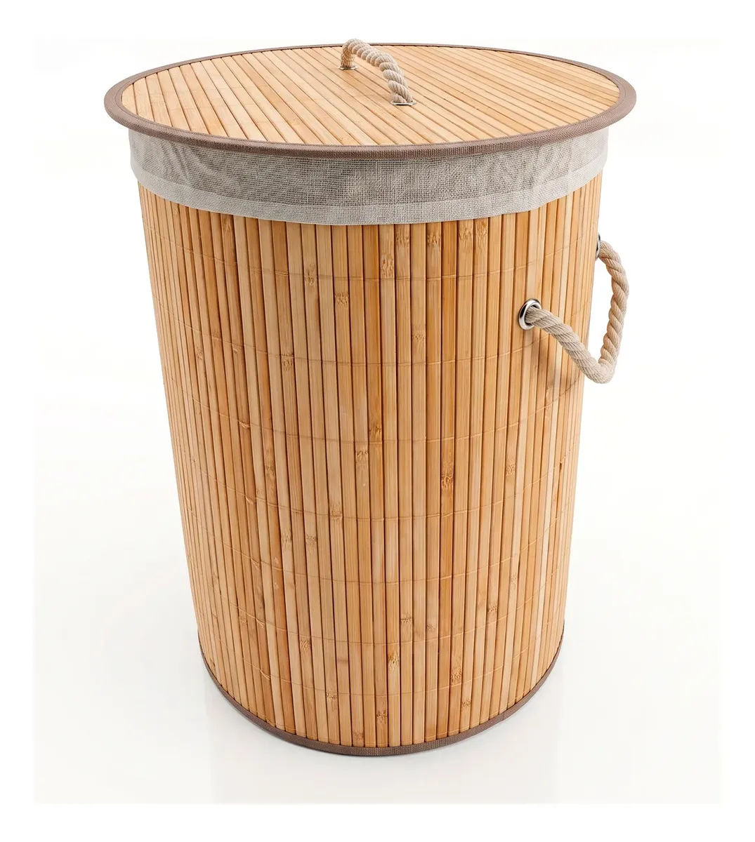 CESTA DE ROPA CIRCULAR DE BAMBU CON TAPA Y BORDES MARRONES - 3