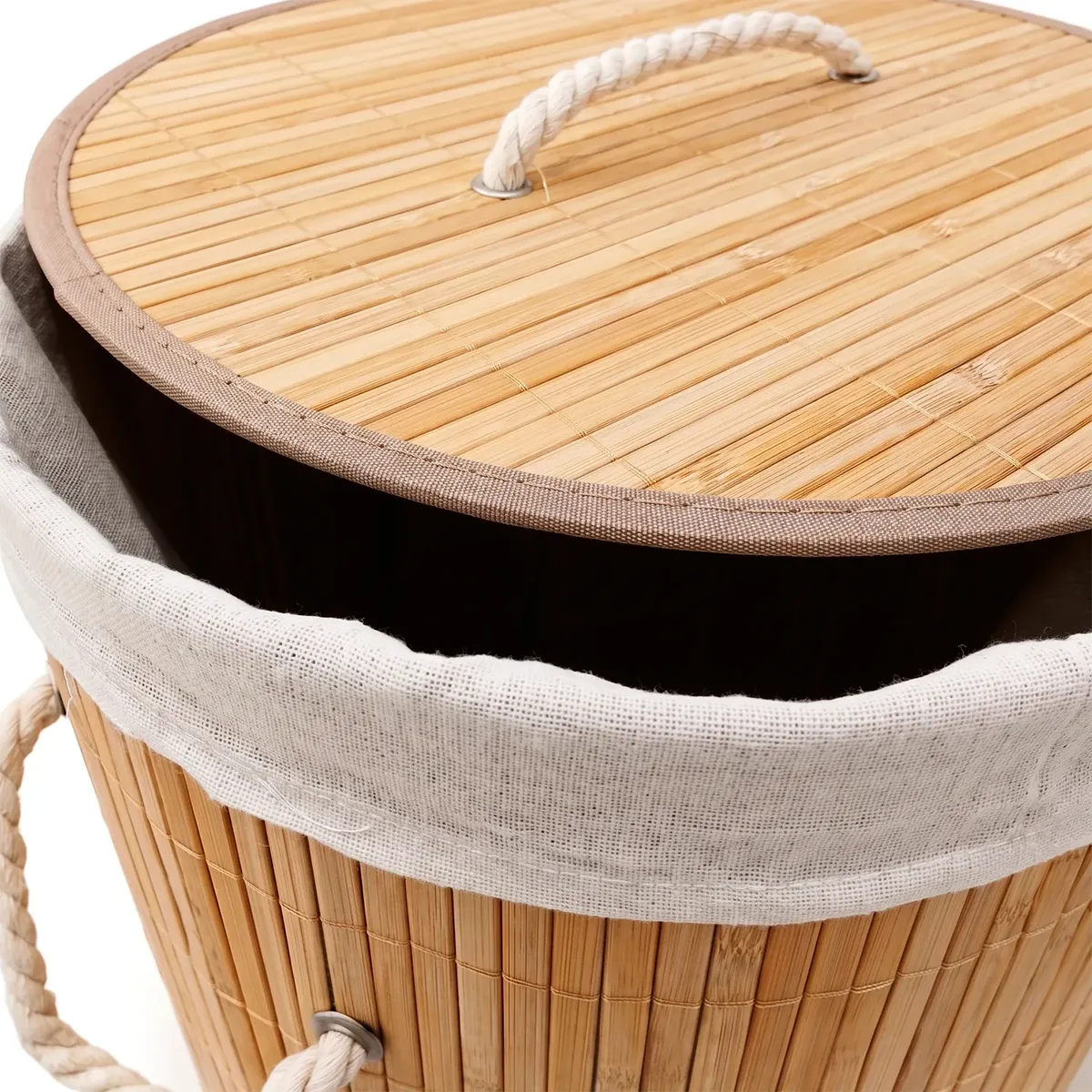CESTA DE ROPA CIRCULAR DE BAMBU CON TAPA Y BORDES MARRONES - 4