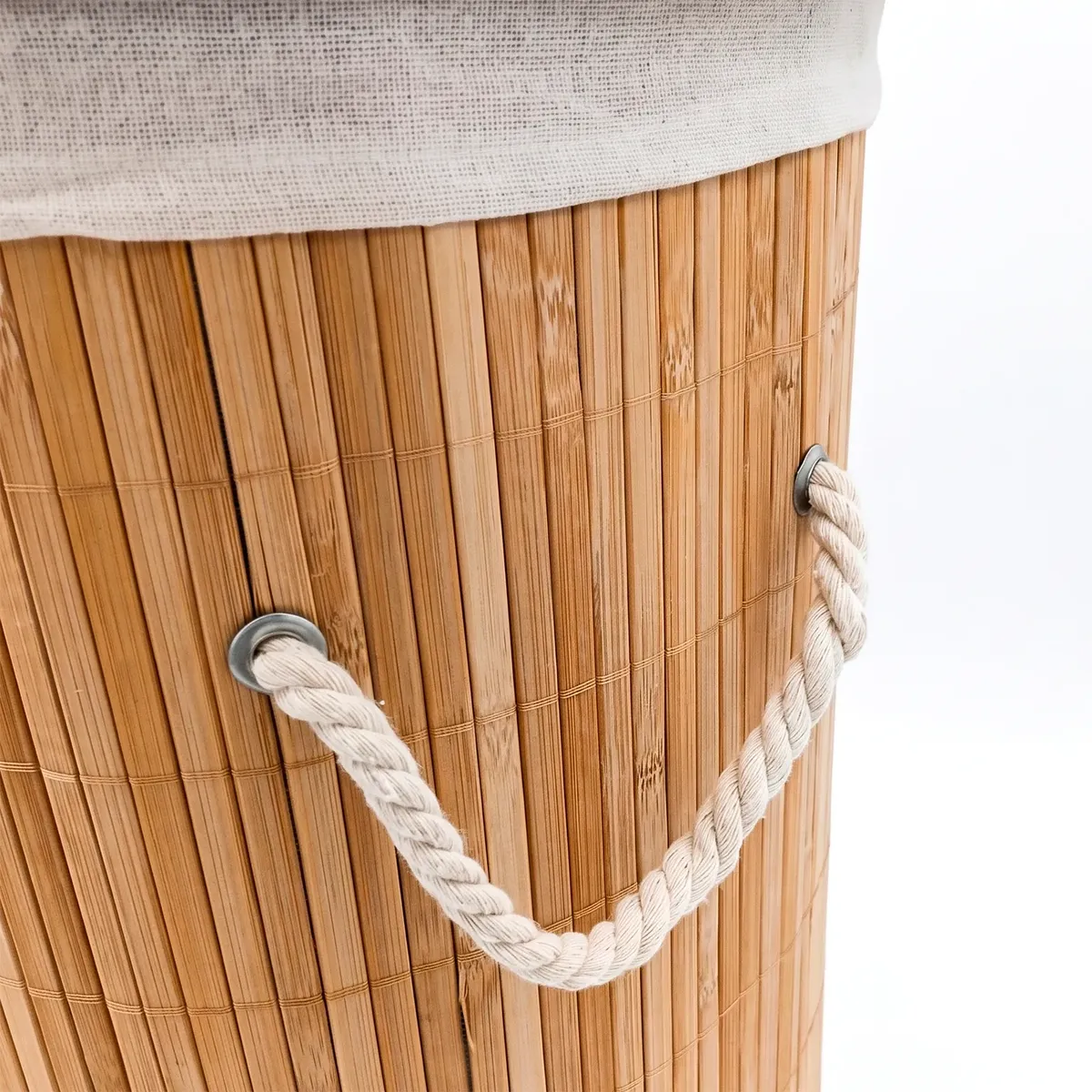 CESTA DE ROPA CIRCULAR DE BAMBU CON TAPA Y BORDES MARRONES - 5