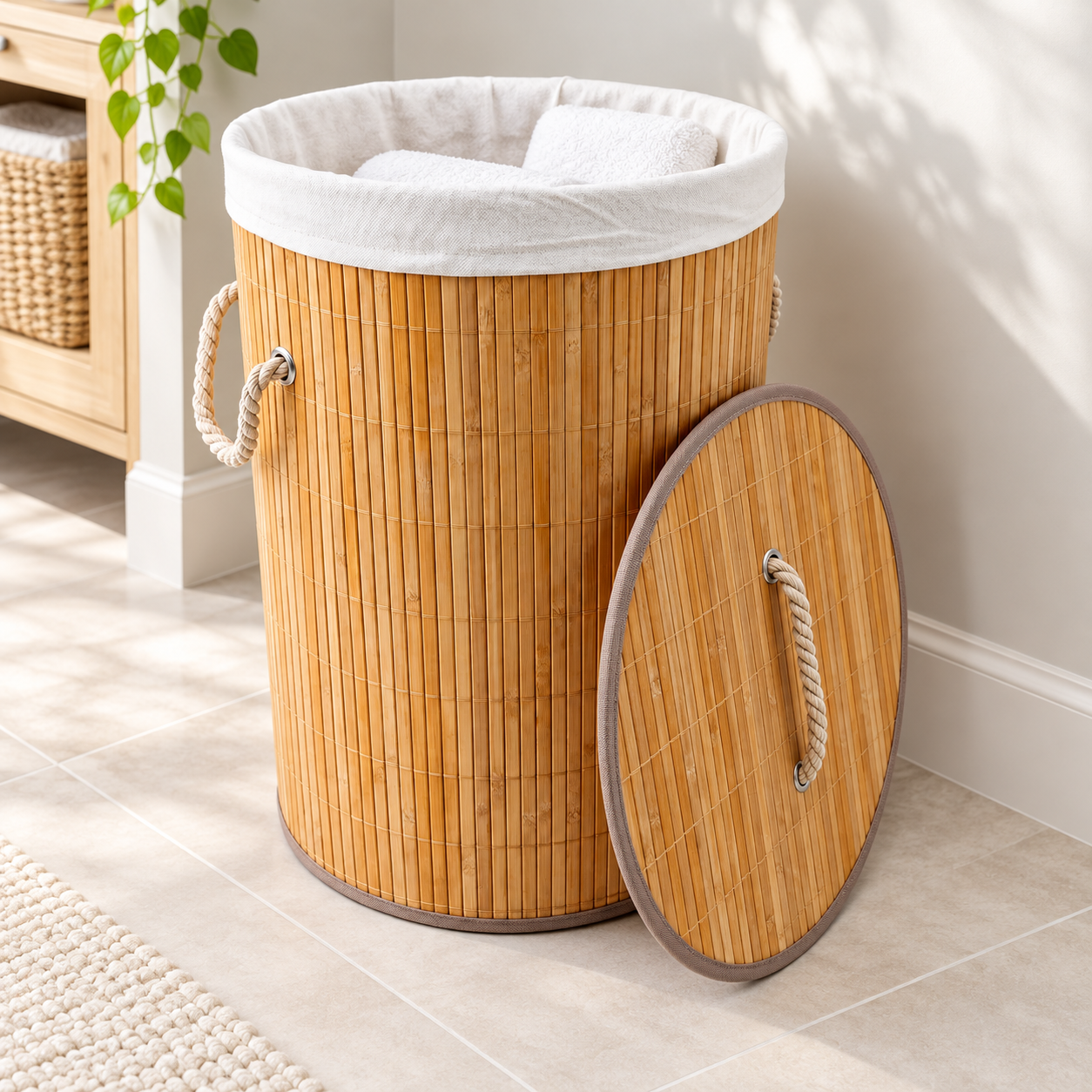 CESTA DE ROPA CIRCULAR DE BAMBU CON TAPA Y BORDES MARRONES - 6