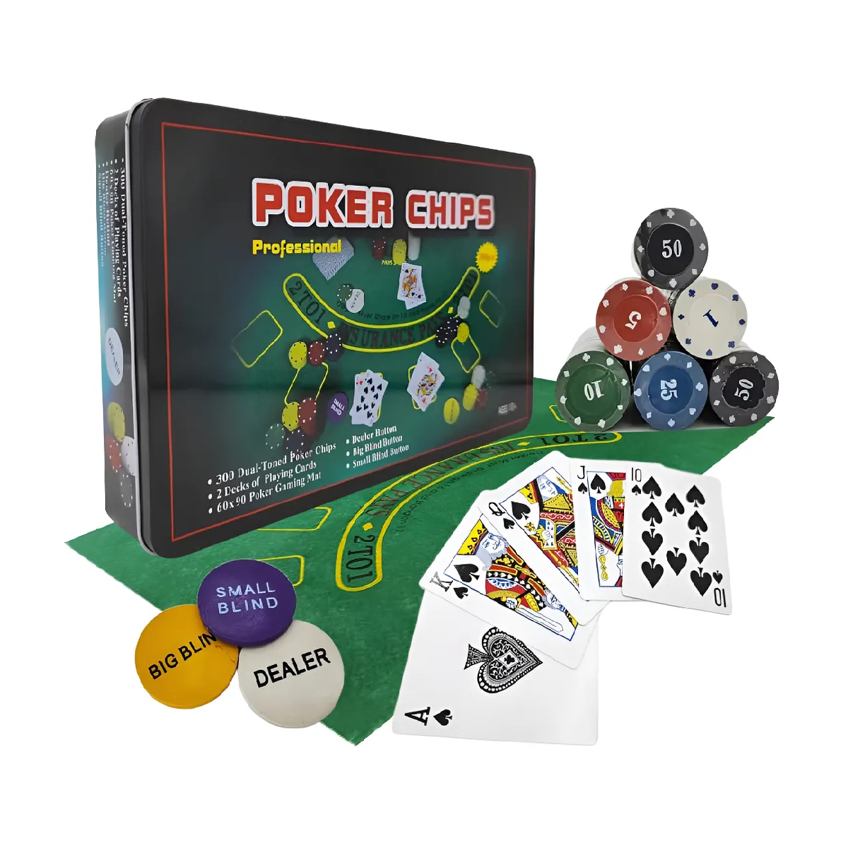 SET DE POKER 300 FICHAS + CARTAS + PAÑO + CAJA DE METAL - 1