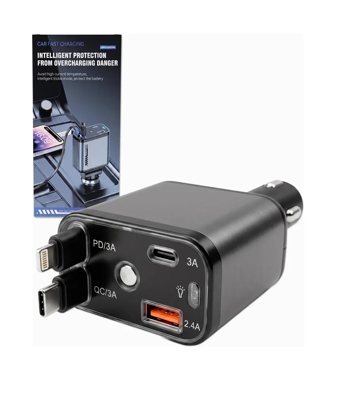 CARGADORES PARA AUTO 120W RÁPIDO CABLE RETRÁCTIL PLATEADO - 1