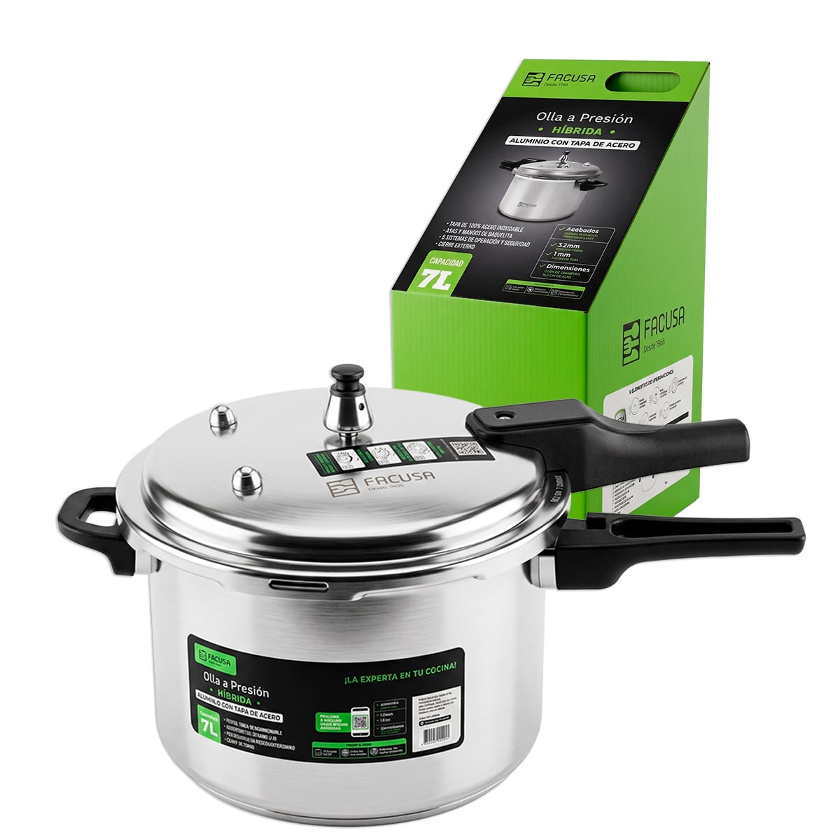OLLA A PRESIÓN HÍBRIDA FACUSA 7L ALUMINIO Y ACERO - 1