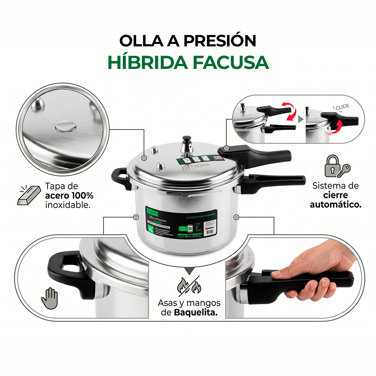 OLLA A PRESIÓN HÍBRIDA FACUSA 7L ALUMINIO Y ACERO - 3