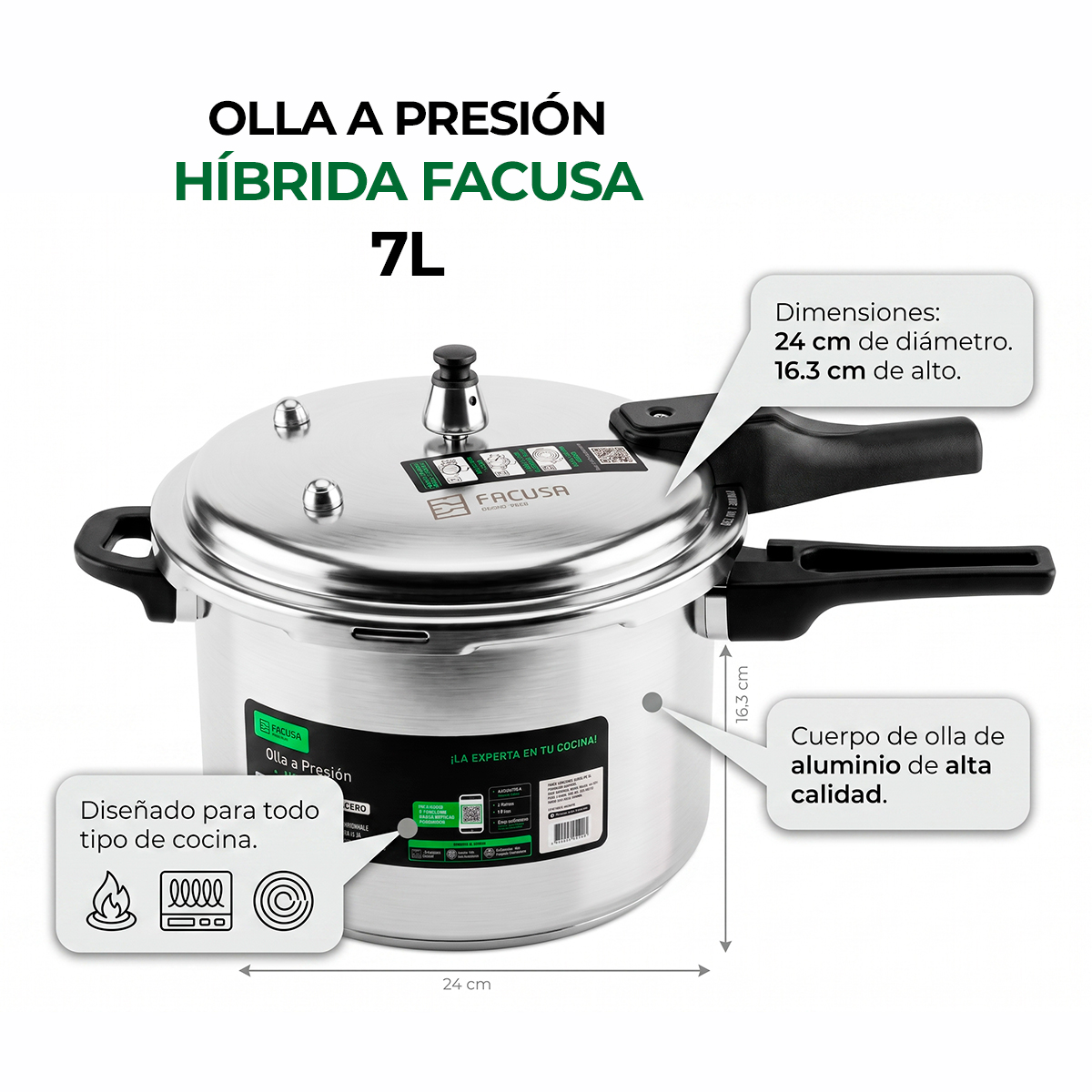 OLLA A PRESIÓN HÍBRIDA FACUSA 7L ALUMINIO Y ACERO - 4
