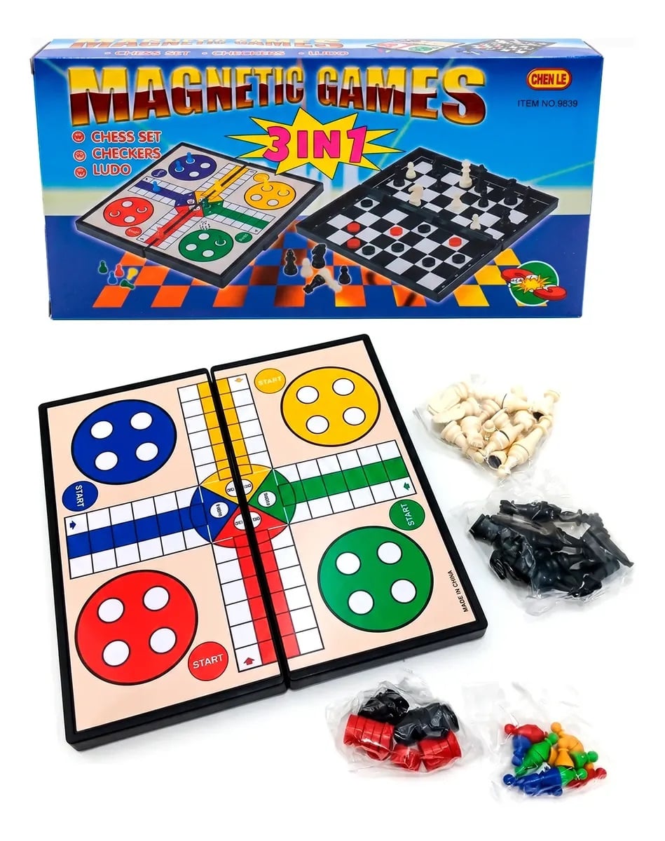 AJEDREZ IMANTADO 3 EN 1 CON DAMAS Y LUDO - JUEGO DE MESA FAMILIA - 1
