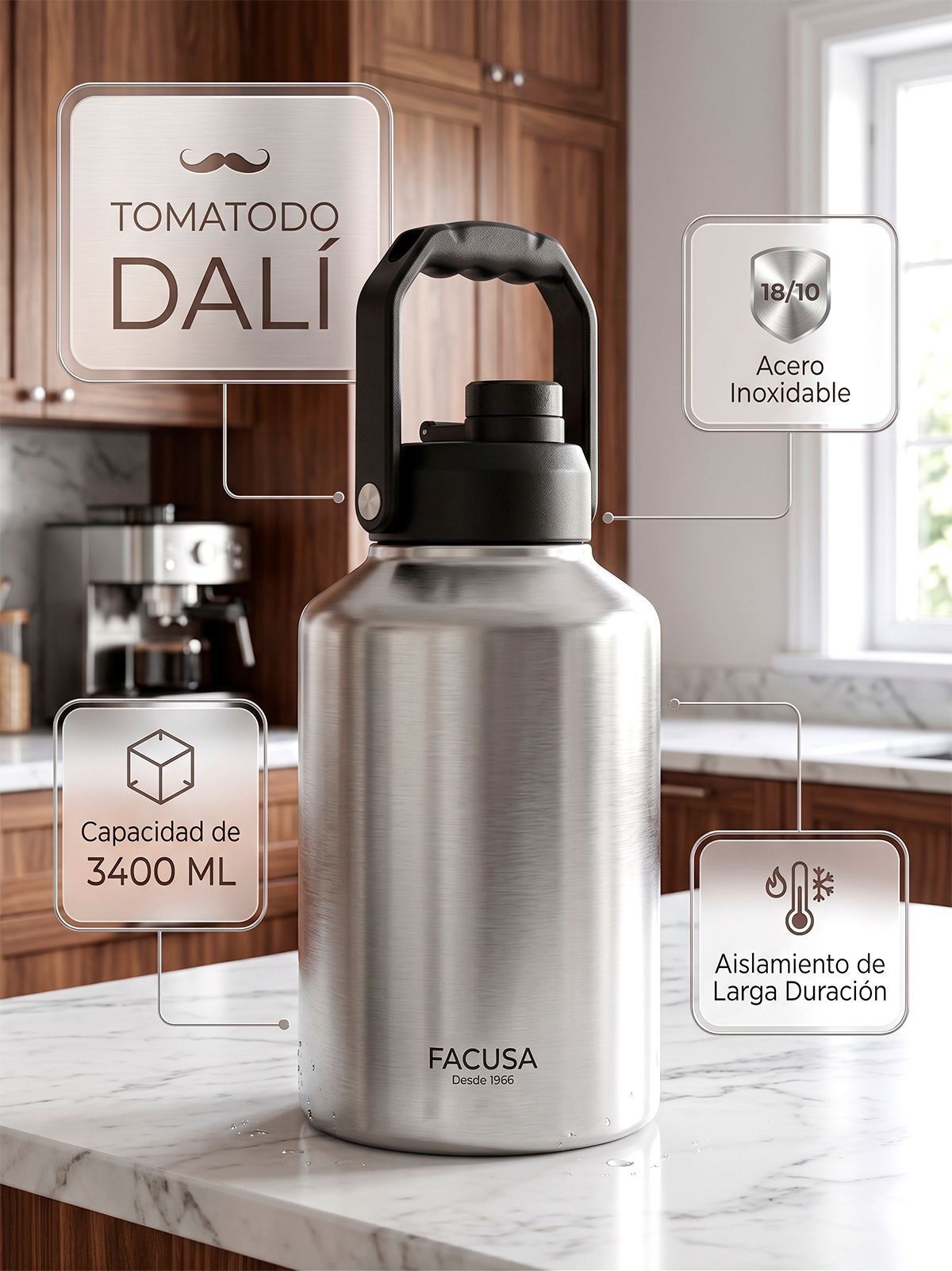TOMATODO TÉRMICO FACUSA DALÍ 3.4L ACERO INOXIDABLE BPA FREE ANTIGOTEO PLATEADO - 6