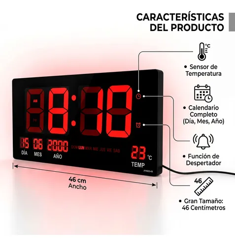 RELOJ DE PARED DIGITAL LED DE 46 CM CON CALENDARIO Y TEMPERATURA NEGRO - 4