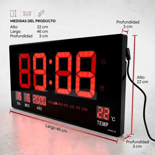 RELOJ DE PARED DIGITAL LED DE 46 CM CON CALENDARIO Y TEMPERATURA NEGRO - 5