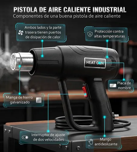 PISTOLA DE CALOR DE 2000 W CON DOS VELOCIDADES NEGRA - 6