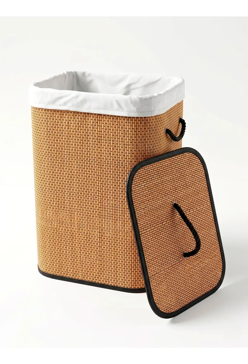 CESTA DE ROPA RECTANGULAR DE BAMBU CON TAPA Y BORDES NEGROS - 1