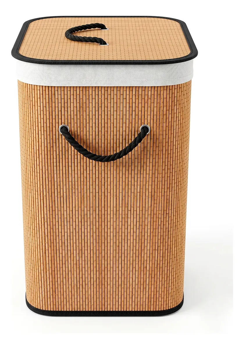 CESTA DE ROPA RECTANGULAR DE BAMBU CON TAPA Y BORDES NEGROS - 2