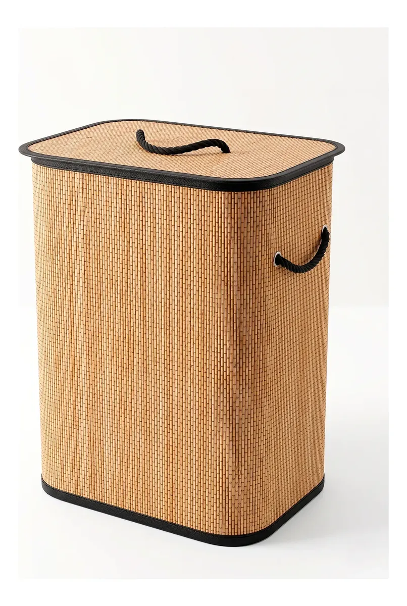 CESTA DE ROPA RECTANGULAR DE BAMBU CON TAPA Y BORDES NEGROS - 4