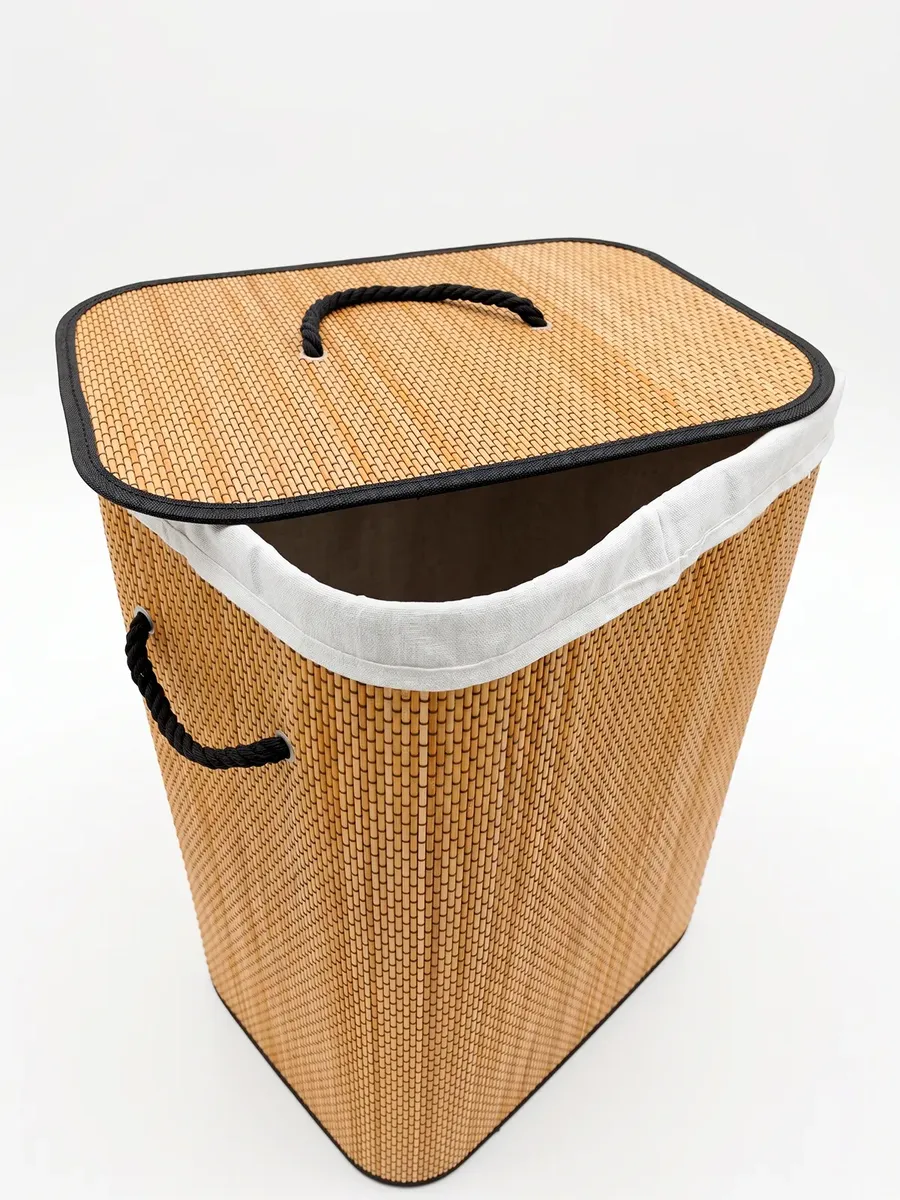 CESTA DE ROPA RECTANGULAR DE BAMBU CON TAPA Y BORDES NEGROS - 5