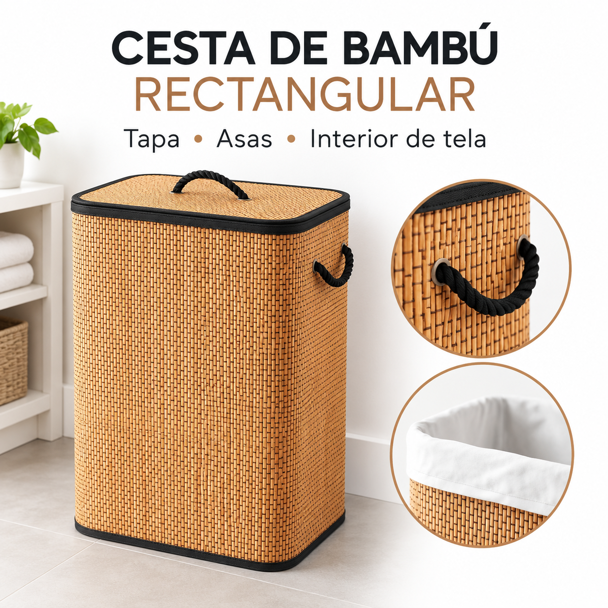 CESTA DE ROPA RECTANGULAR DE BAMBU CON TAPA Y BORDES NEGROS - 6