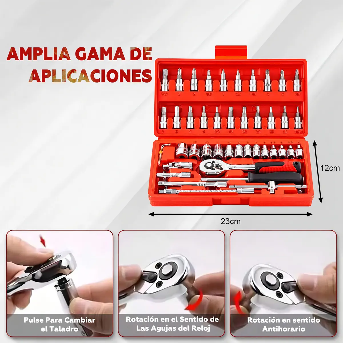 JUEGO DE DADOS Y PUNTAS CON CHICHARRA 46 PIEZAS EN ESTUCHE ROJO - 6