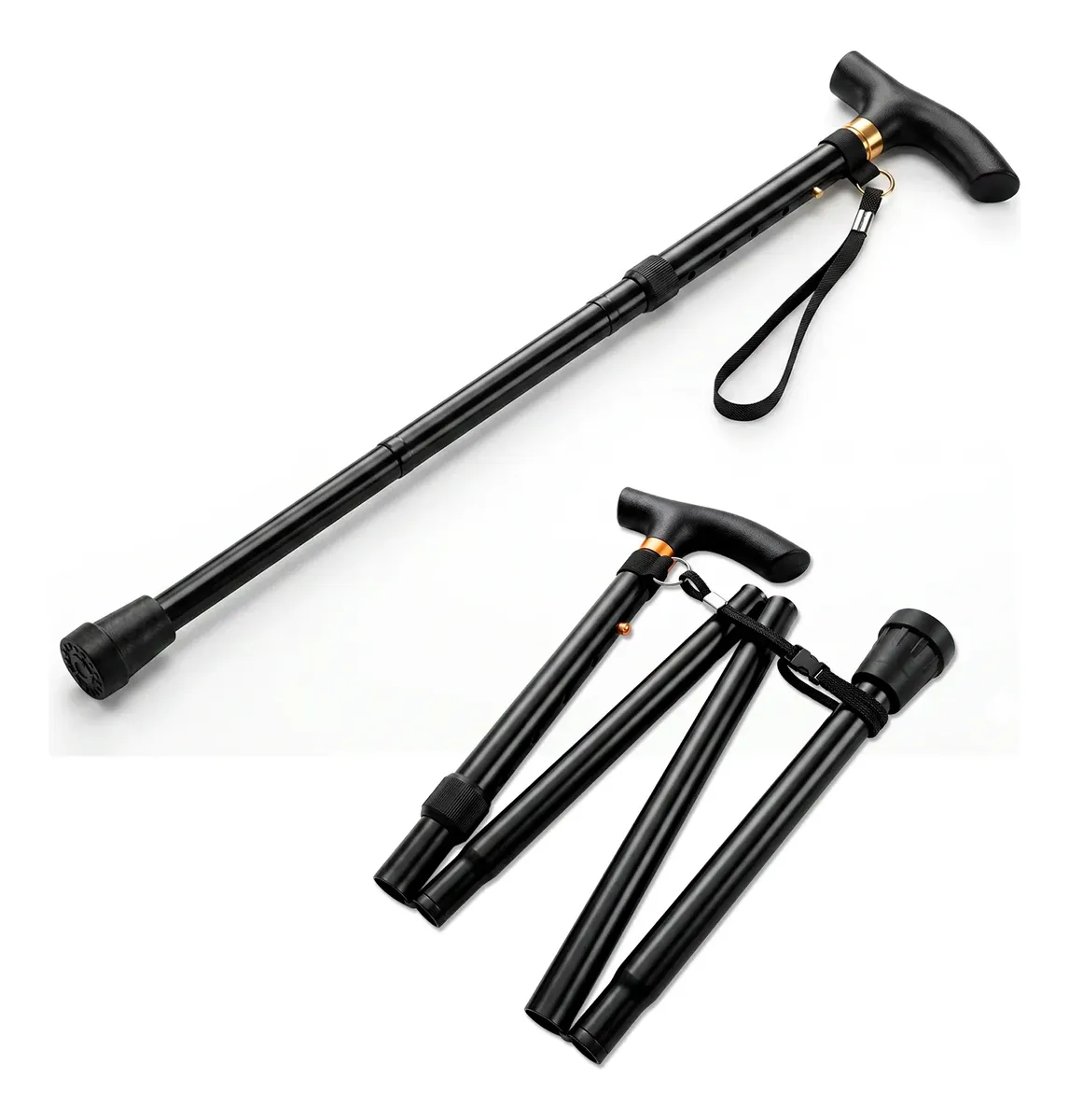 BASTON BASICO PLEGABLE REGULABLE NEGRO CON MANGO Y CONTERA - 1