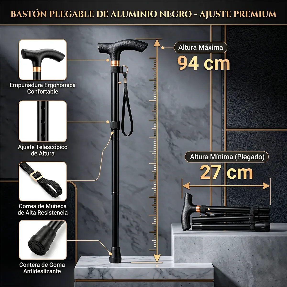 BASTON BASICO PLEGABLE REGULABLE NEGRO CON MANGO Y CONTERA - 6