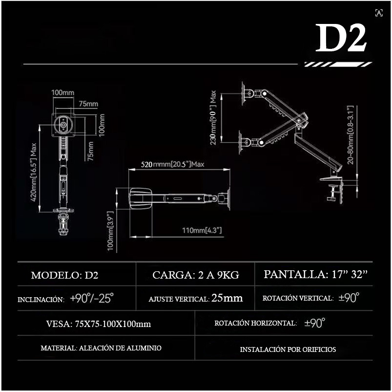 BRAZO SOPORTE RACK GIRATORIO DE MONITOR 17' 32' NORTH BAYOU D2 - 5