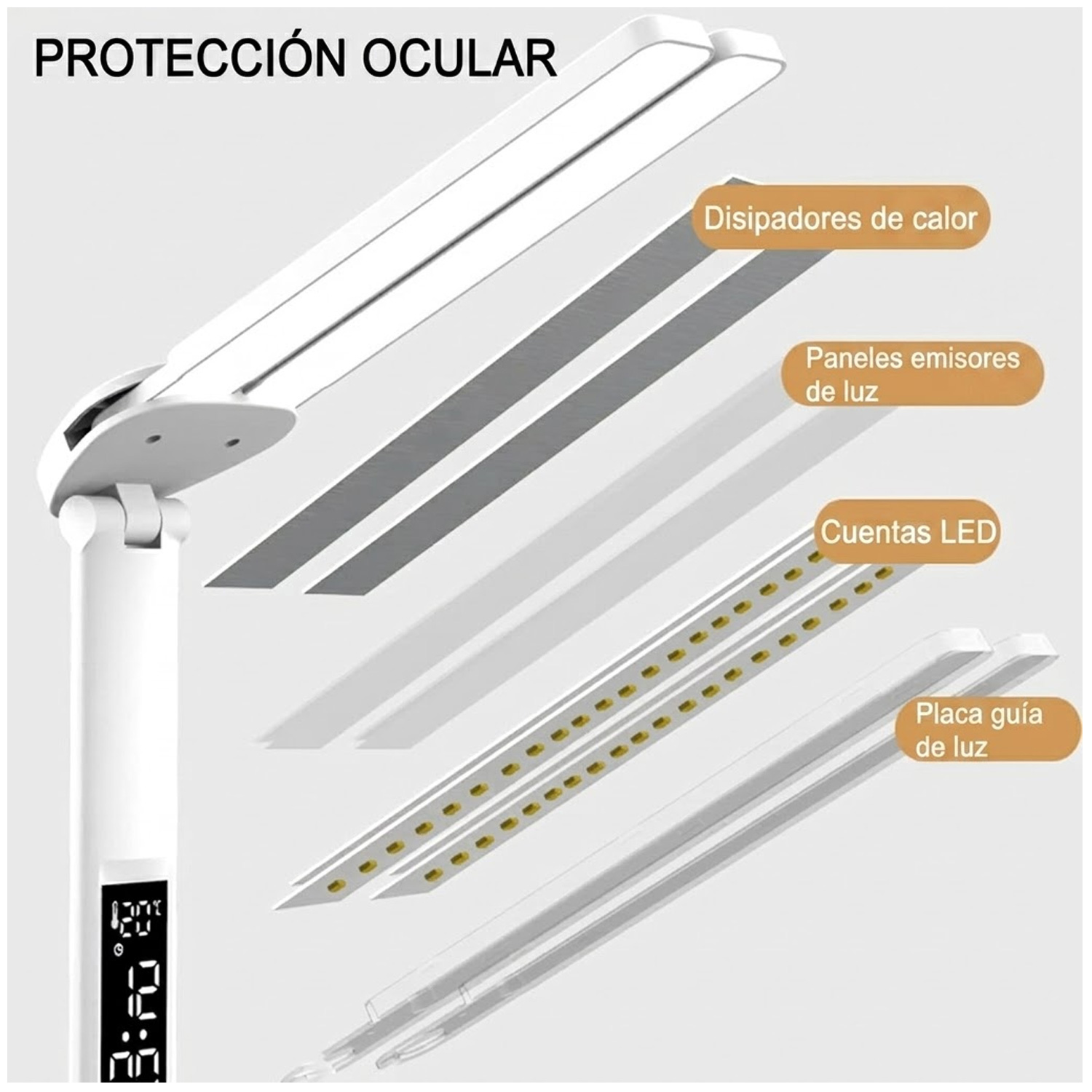 LÁMPARA DE ESCRITORIO LUZ LED REGULABLE LT06 PLEGABLE CON CALENDARIO HORA TEMPERATURA - 6