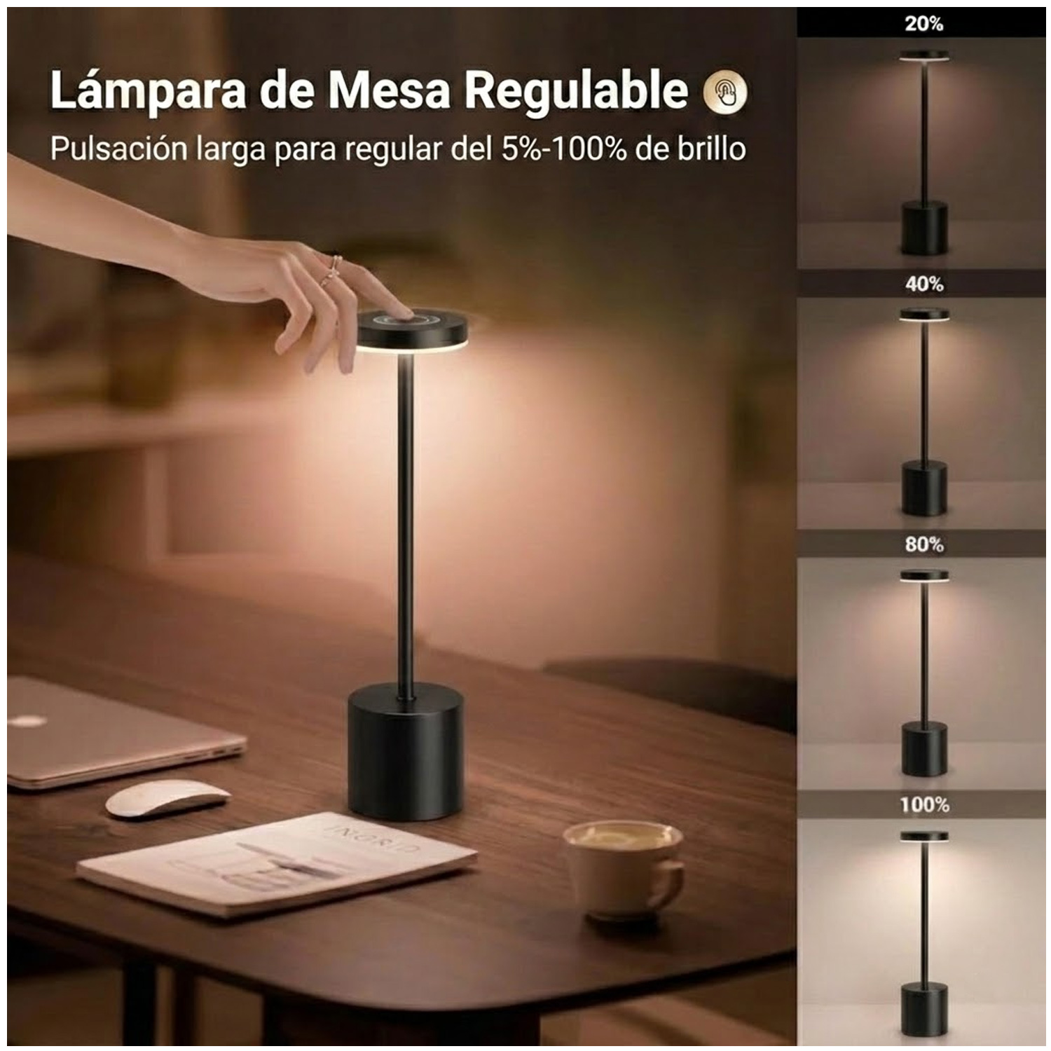 LÁMPARA DE ESCRITORIO LUZ LED REGULABLES INALÁMBRICA TÁCTIL LT02 NEGRO - 4