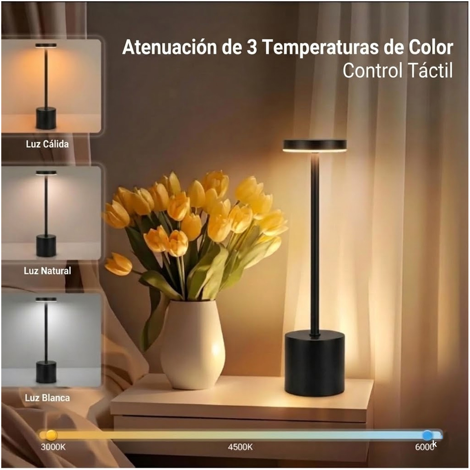 LÁMPARA DE ESCRITORIO LUZ LED REGULABLES INALÁMBRICA TÁCTIL LT02 NEGRO - 5