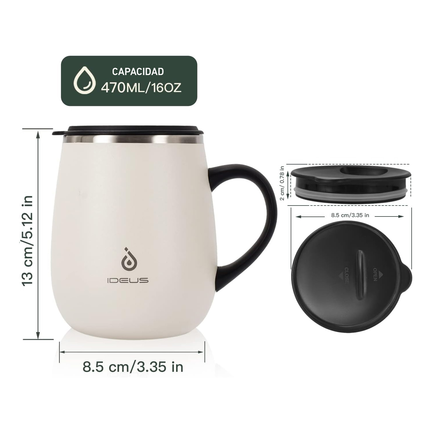 TAZA TÉRMICA AISLADA 16OZ IDEUS ACERO INOXIDABLE TAPA ANTIDERRAMES MUG01 - 4