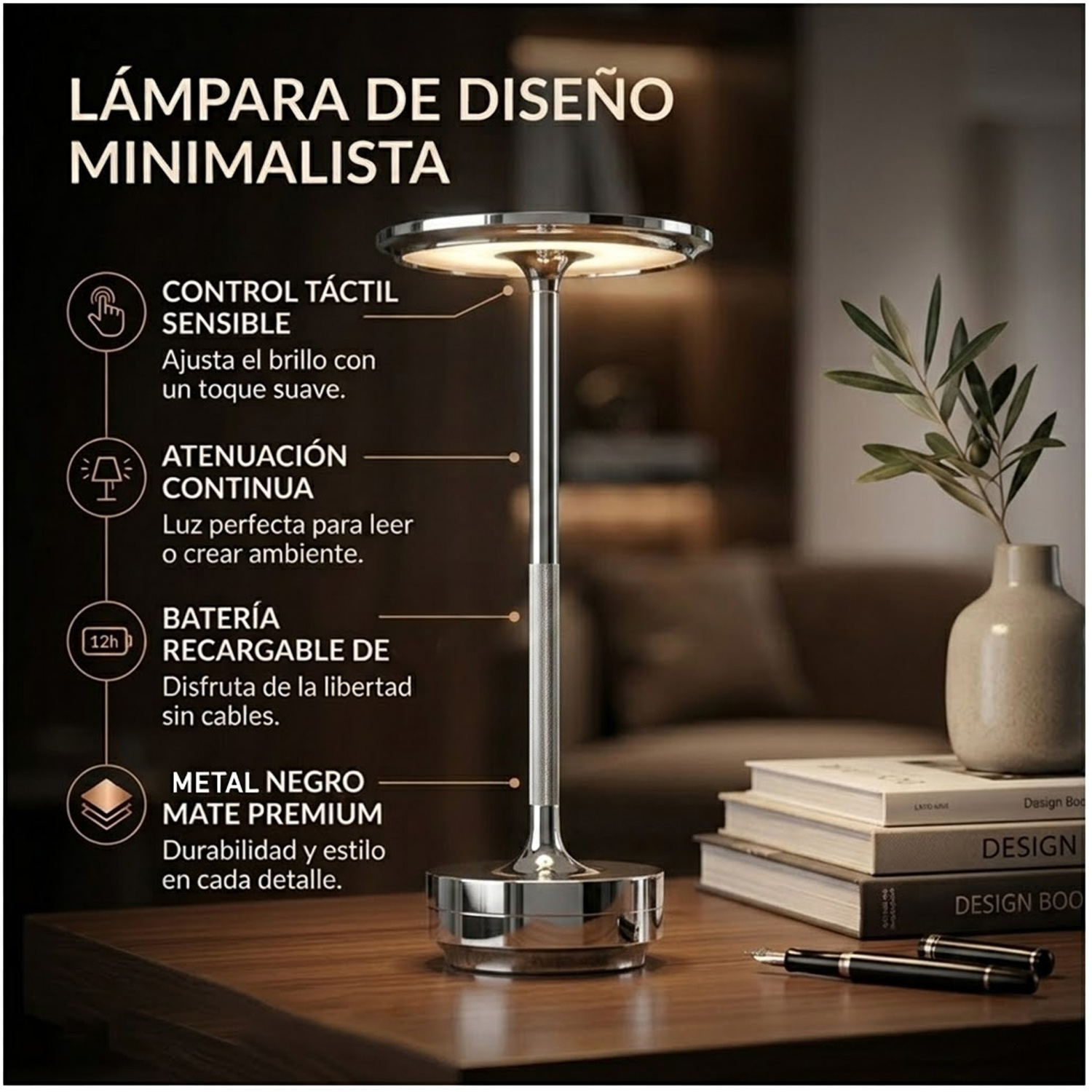 LÁMPARA DE MESA LUZ LED REGULABLE INALÁMBRICA TÁCTIL LT01 SILVER - 4