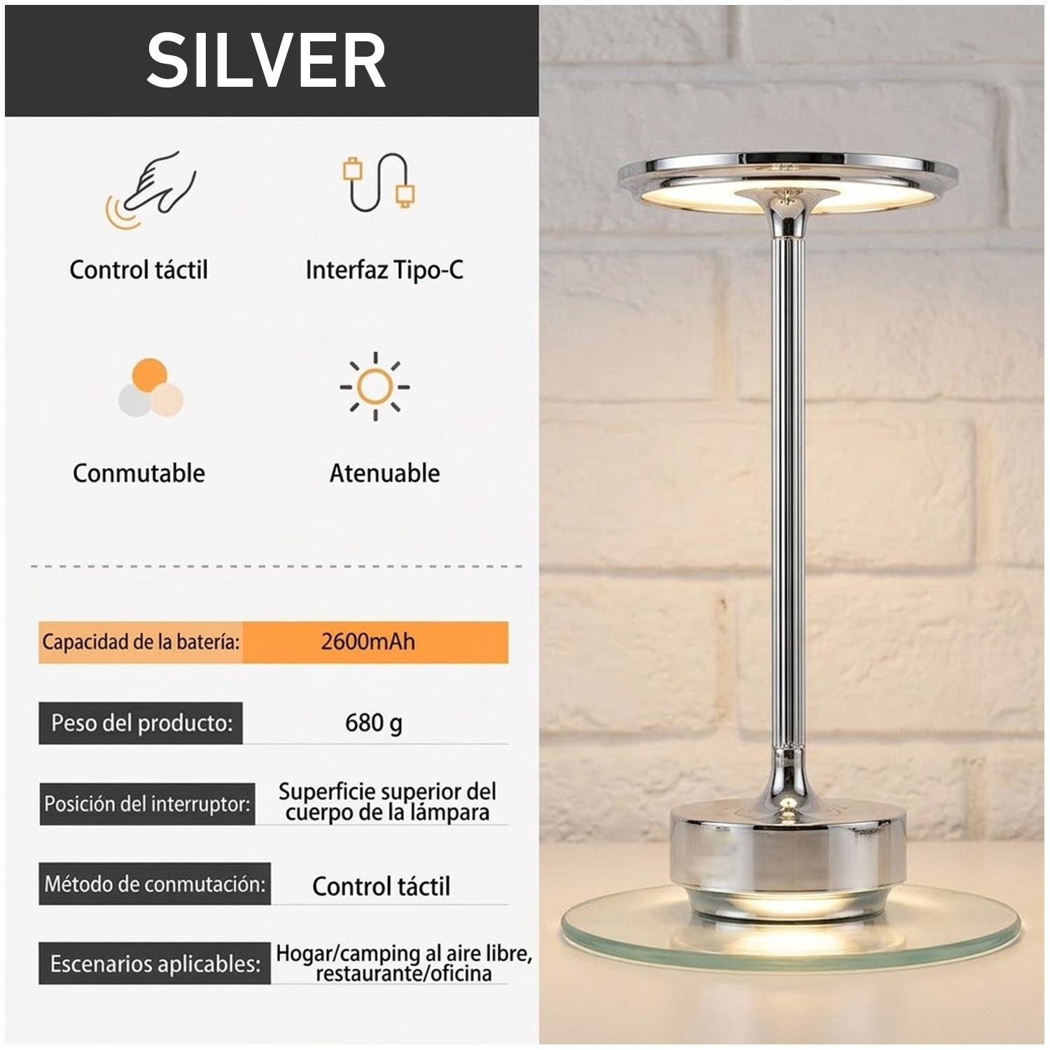 LÁMPARA DE MESA LUZ LED REGULABLE INALÁMBRICA TÁCTIL LT01 SILVER - 5