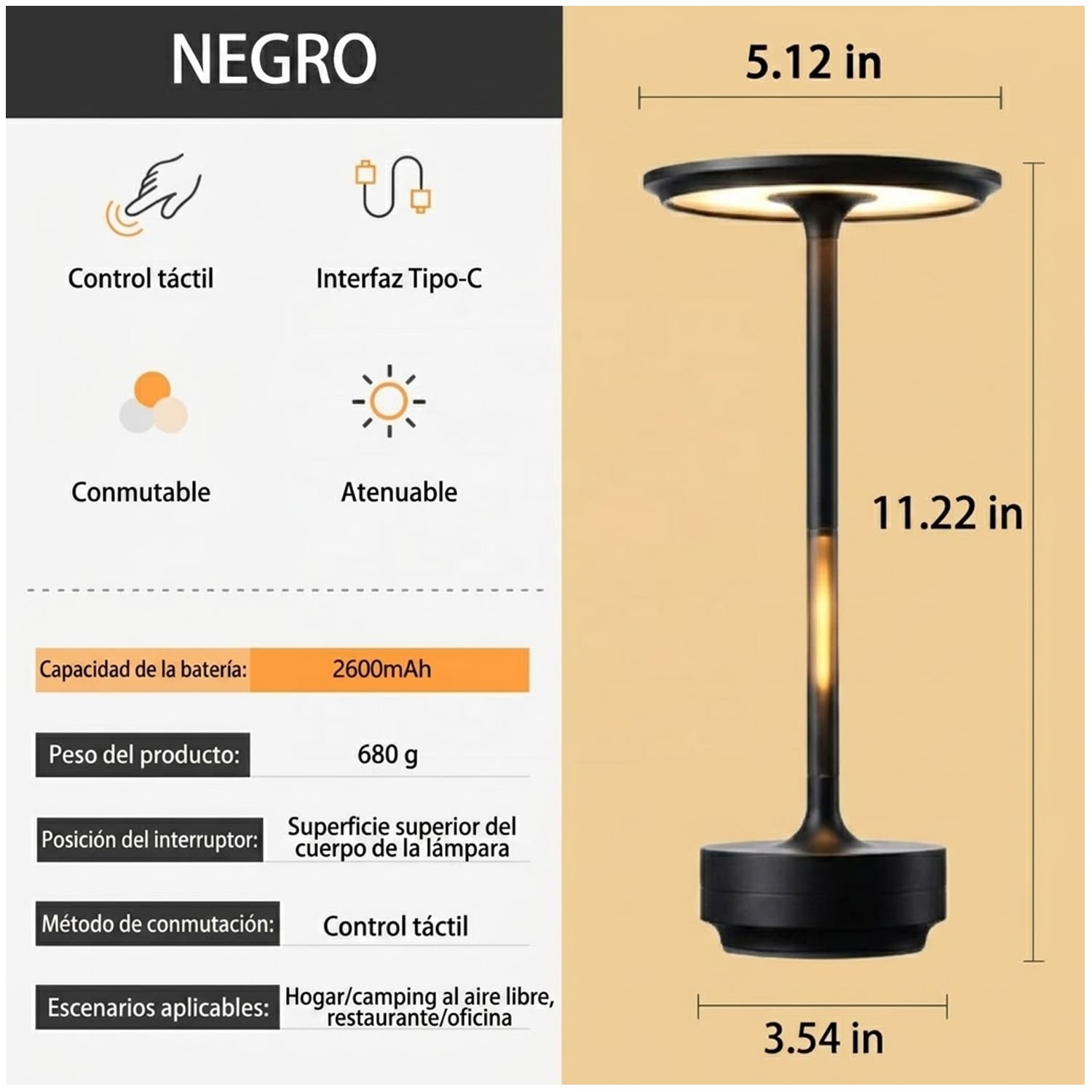 LÁMPARA DE MESA LUZ LED REGULABLE TÁCTIL INALÁMBRICA LT01-NEGRO - 3