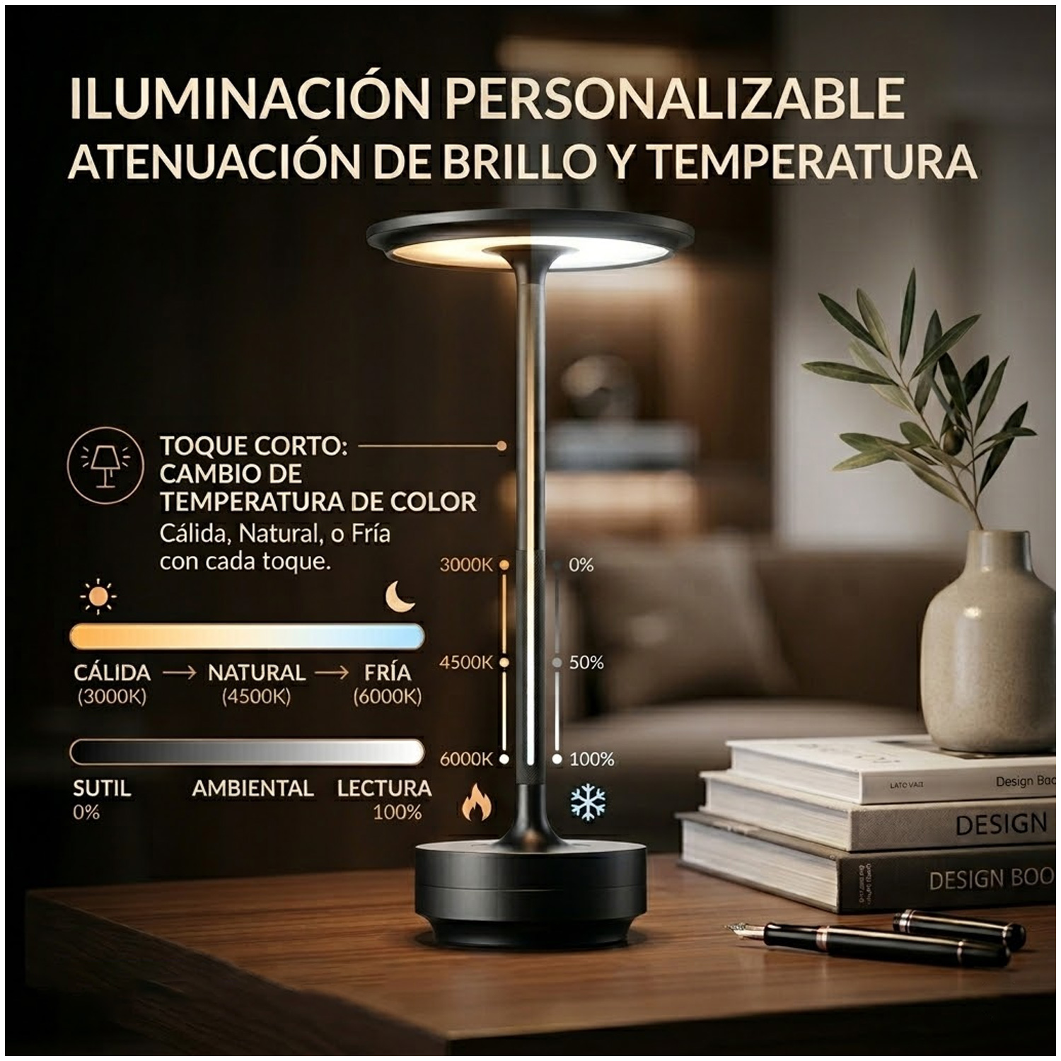 LÁMPARA DE MESA LUZ LED REGULABLE TÁCTIL INALÁMBRICA LT01-NEGRO - 5